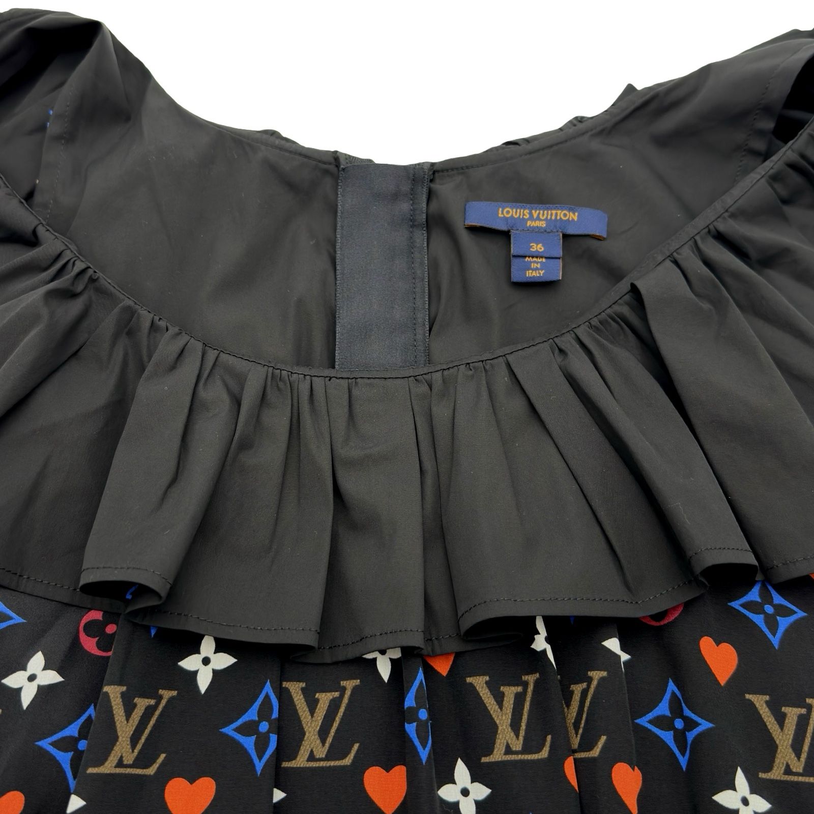 ルイ・ヴィトン LOUIS VUITTON ゲームオンラッフル襟ベイビードールドレス FKD651 ブラック シルク レディース ワンピース