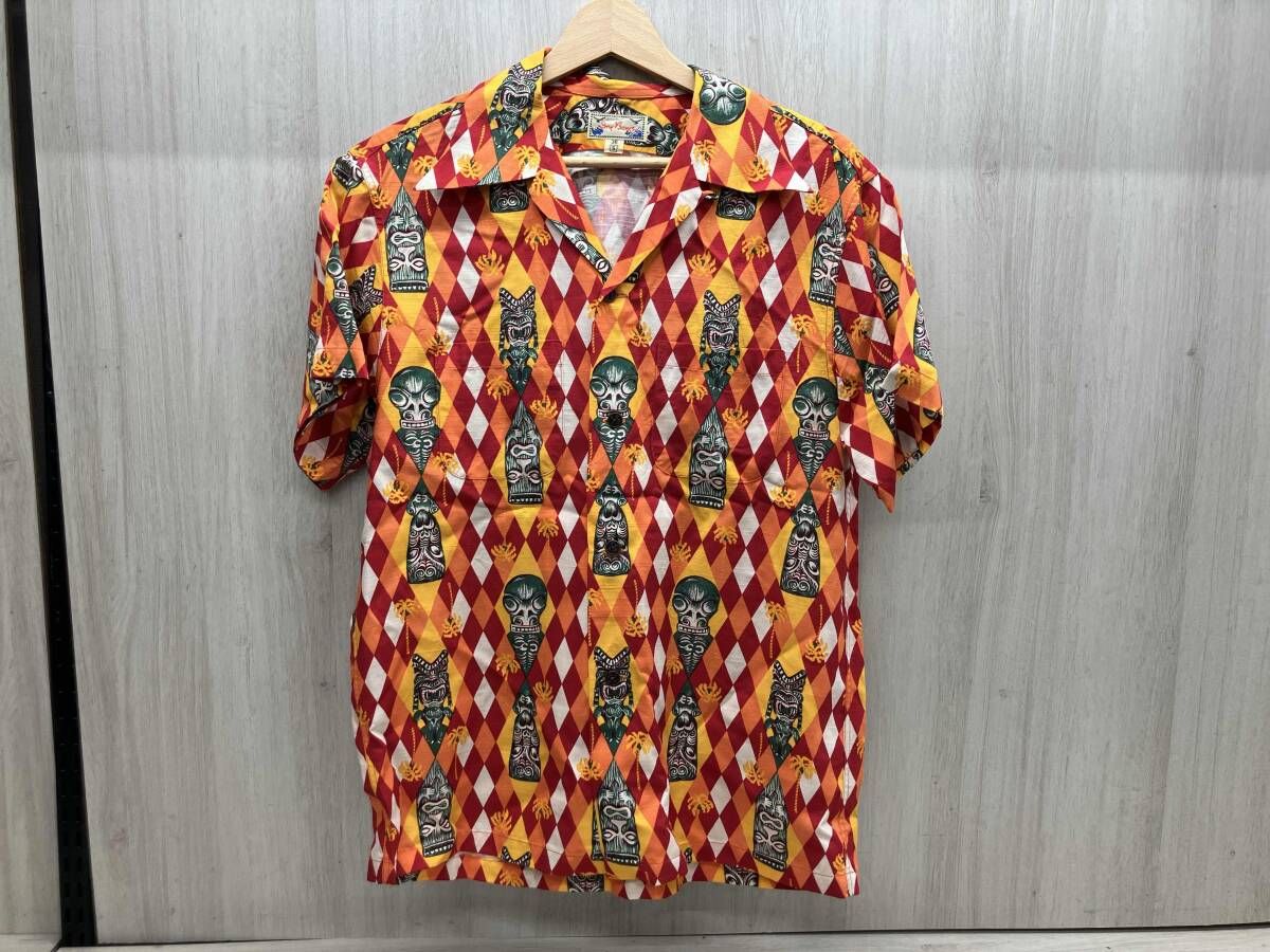 夏 Dry Bones ドライボーンズ アロハシャツ 柄シャツ トーテムポール柄 レーヨン 小銭ボタン s オレンジ×レッド