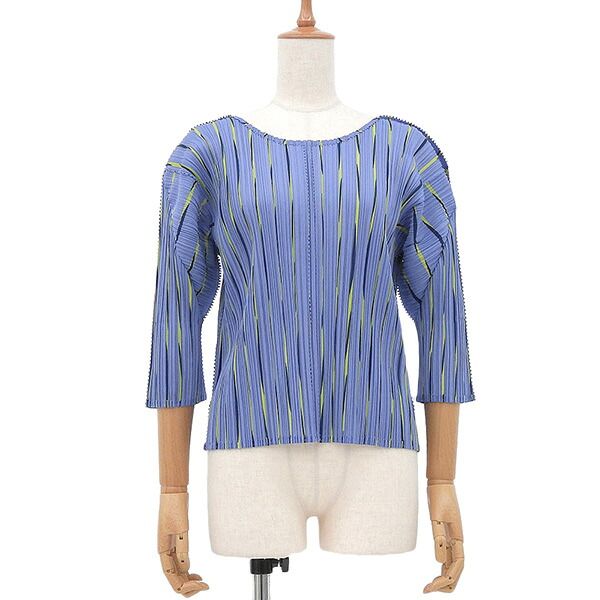 ISSEY MIYAKE PLEATS PLEASE イッセイミヤケ プリーツプリーズ PP51-JK683 サイズ3 プリーツ ストライプ 七分袖 カットソー トップス レディース パープル ECO0187 【中古】