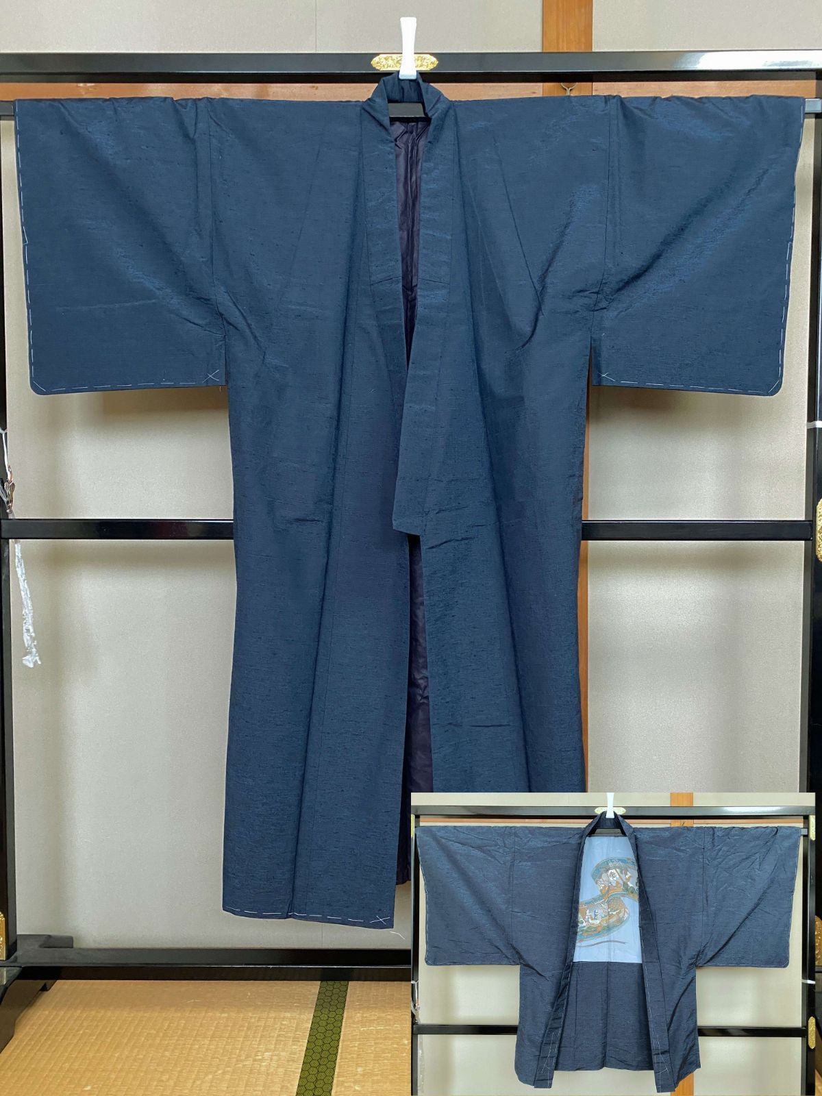 841B【アンティーク着物】男性用アンサンブル 紺色 藍色 大島紬？？ 紬着物・羽織セット リメイク素材にも