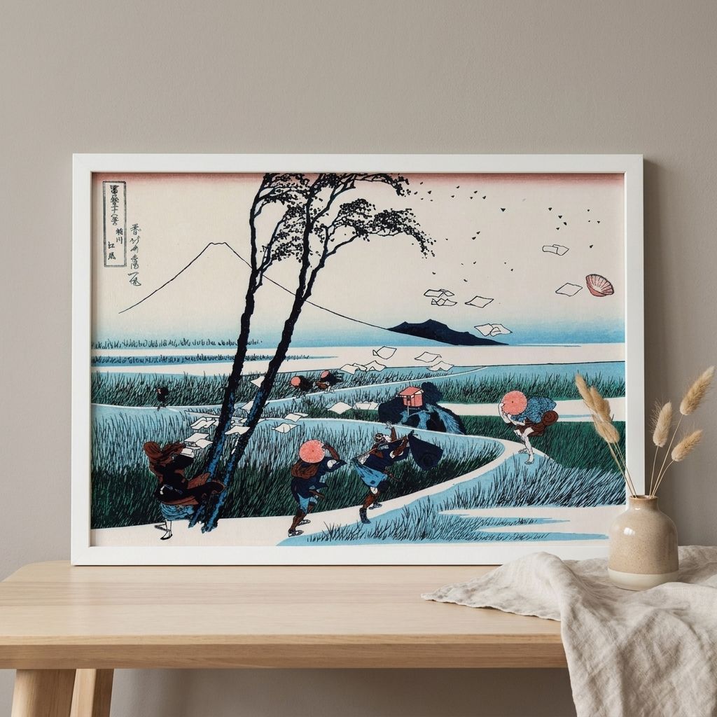 葛飾北斎 富嶽三十六景 第18景 駿州江尻 A4額付き 複製画 浮世絵