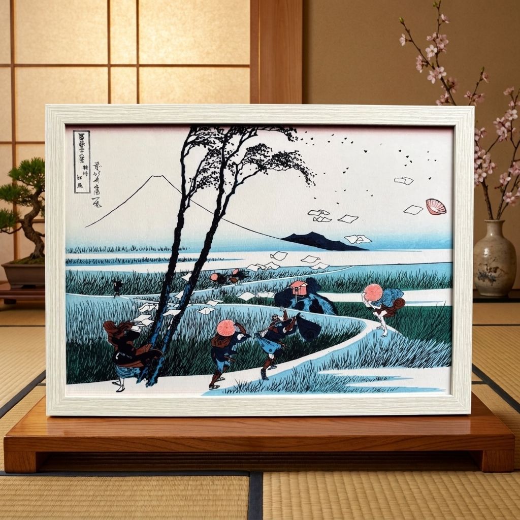 葛飾北斎 富嶽三十六景 第18景 駿州江尻 A4額付き 複製画 浮世絵