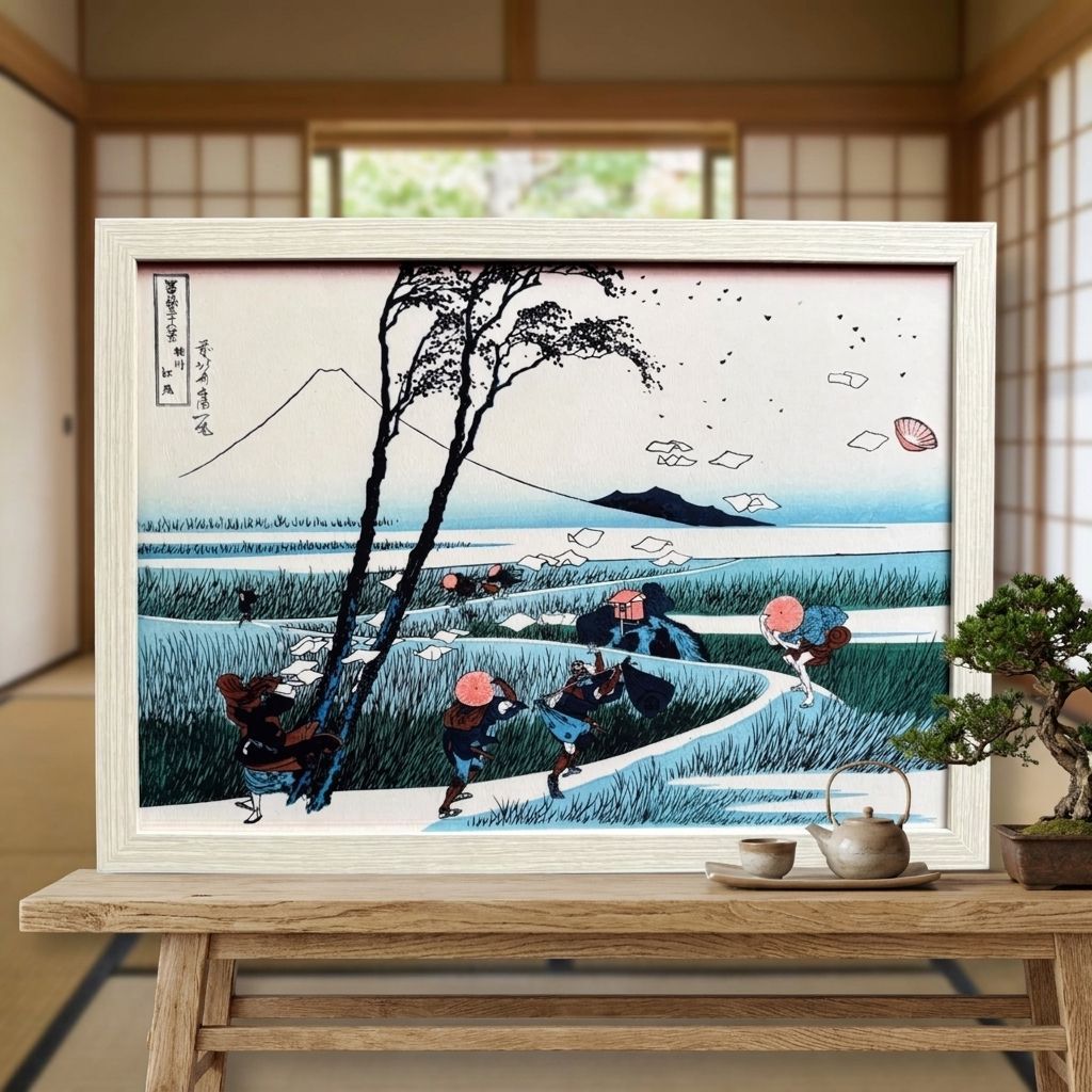 葛飾北斎 富嶽三十六景 第18景 駿州江尻 A4額付き 複製画 浮世絵