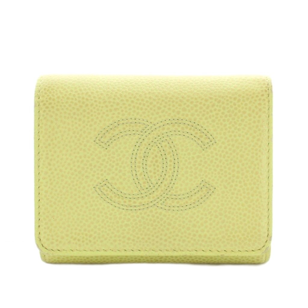 シャネル CHANEL スモールフラップウォレット 財布 三つ折り 小銭入れ レザー ココマーク 2番台 黄緑 イエローグリーン /YT11 ■OH