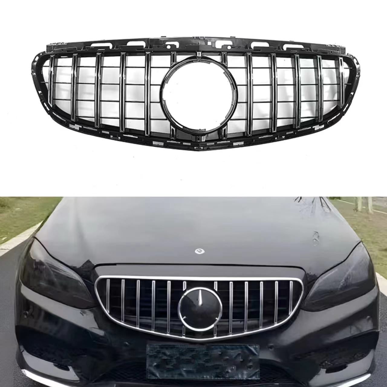 ベンツ Eクラス W212 E63 2013-2015年対応 フロントグリル 縦フィンデザイン ブラック ABS製 交換取付式 フロントフェイス 外装アクセントパーツ