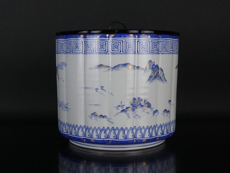 中村秋峰 造「灰釉桶側八景絵 水指」共箱 保証品 茶道具 /R(J-4