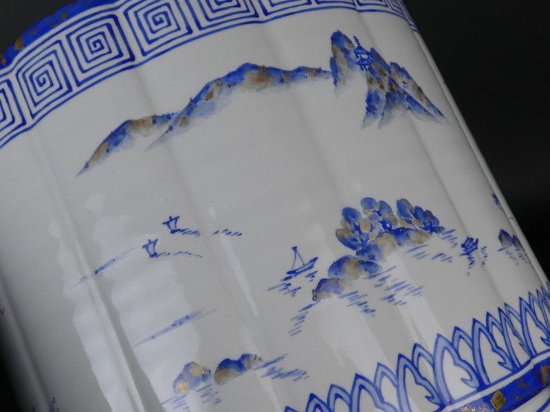 中村秋峰 造「灰釉桶側八景絵 水指」共箱 保証品 茶道具 /R(J-4