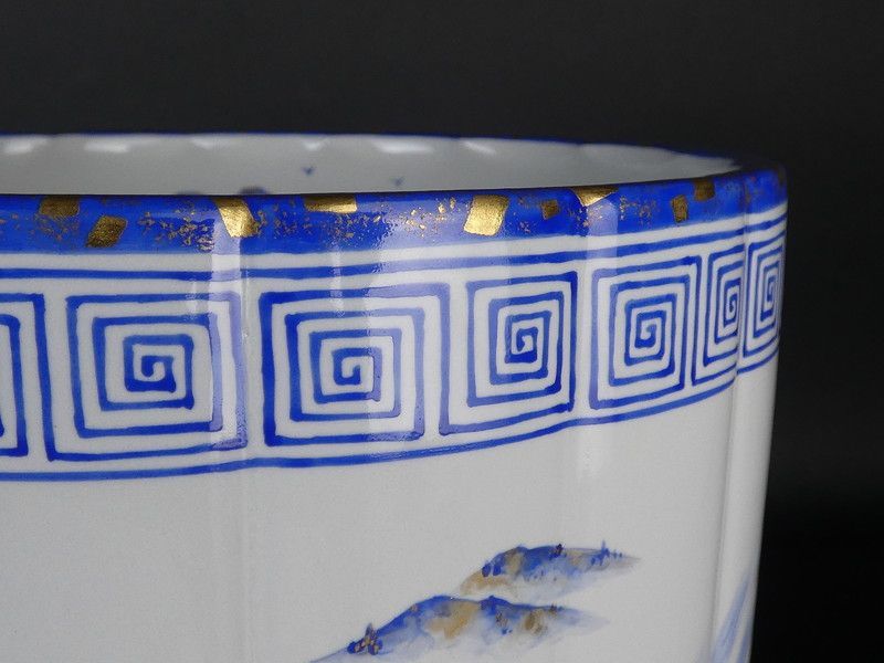 中村秋峰 造「灰釉桶側八景絵 水指」共箱 保証品 茶道具 /R(J-4