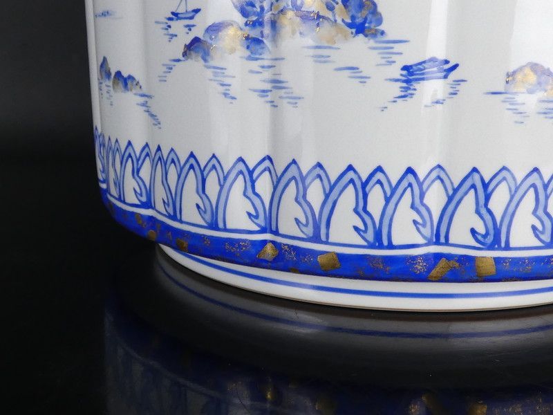 中村秋峰 造「灰釉桶側八景絵 水指」共箱 保証品 茶道具 /R(J-4