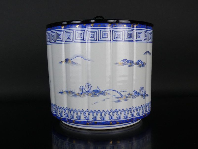 中村秋峰 造「灰釉桶側八景絵 水指」共箱 保証品 茶道具 /R(J-4