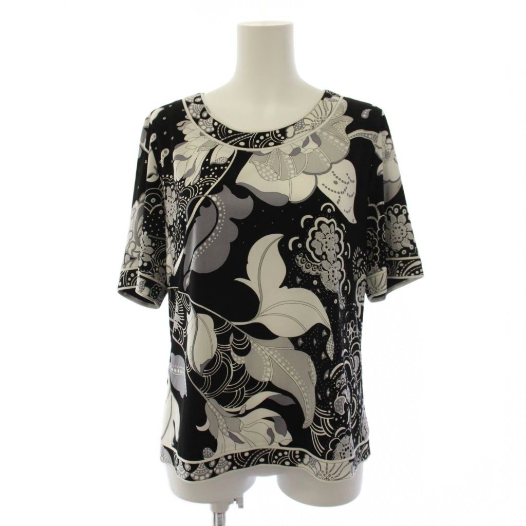 レオナール LEONARD FASHION シャツ ブラウス 半袖 花柄 LL 黒 白
