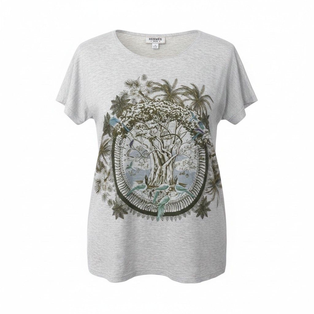 34g18 HERMES エルメス プリントTシャツ クルーネック カットソー ボタニカル柄 サイズ36 ライトグレー コットン100％ レディースu02t