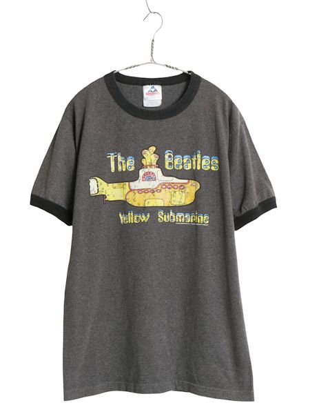 00s ビートルズ イラスト プリント リンガー Tシャツ メンズ M 古着 オールド オフィシャル バンド ロック グラフィック 濃灰 黒 ツートン