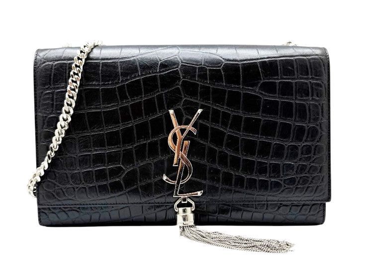 【中古】SAINT LAURENT PARIS サンローランパリ KATE TASSEL ブラック ケイトタッセル チェーン ショルダー シルバー金具 ミディアム クロコ型押し レザー 黒 レディース 【ブランドギャラリー東心斎橋店】