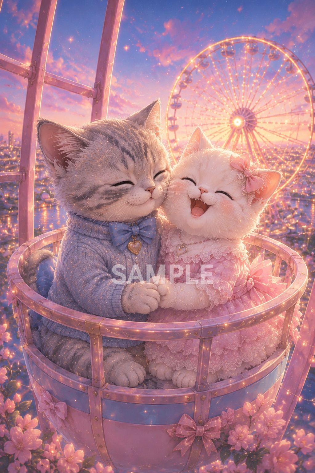 ＊ハンドメイドオーダーページ＊二人の女の子と子猫 718 ふわふわ子猫カップル♡ 遊園地デート 癒しアート 2Lサイズ