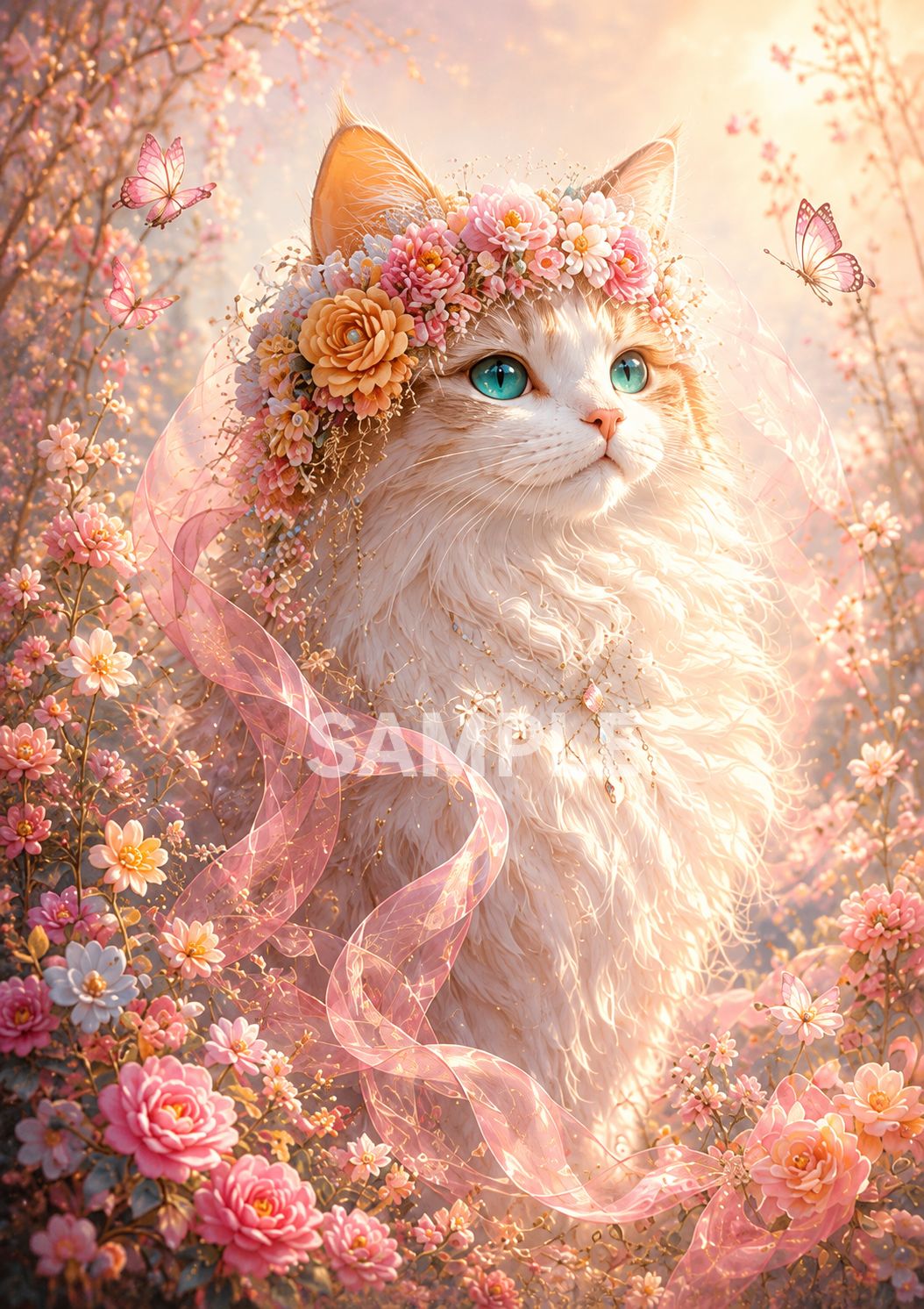 719 幻想的 猫アート ポスター風 フラワークラウン 白猫 ピンク