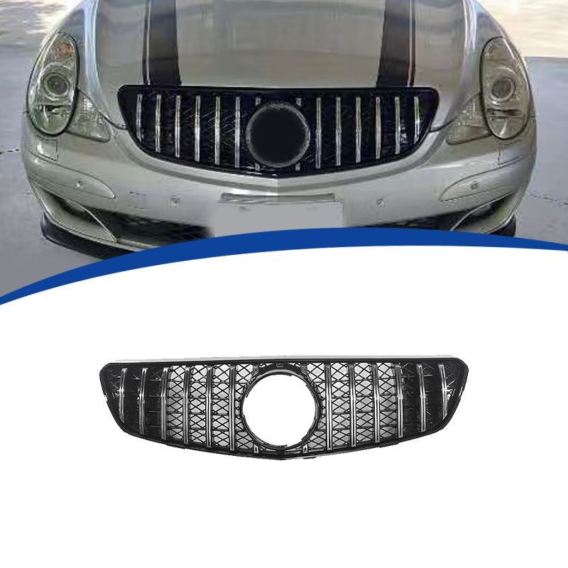 ベンツ Rクラス W250 2007-2010年対応 フロントグリル ABS製 交換取付式 オールブラック・縦フィンシルバー フロントフェイス 外装アクセントパーツ