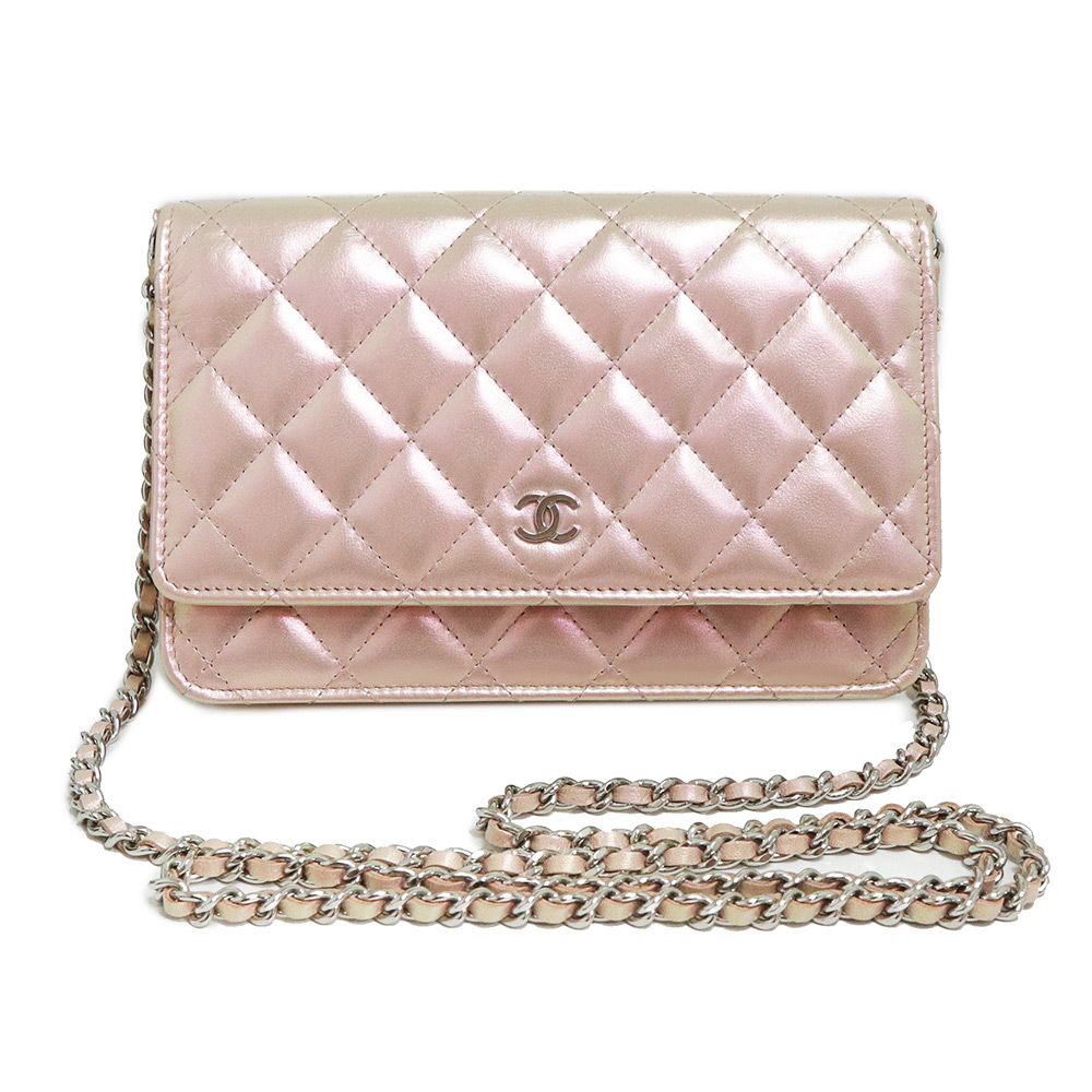 CHANEL マトラッセ 長財布 メタリックピンク シャネル マトラッセ 長財布 斜め掛け レザー パールピンク チェーン