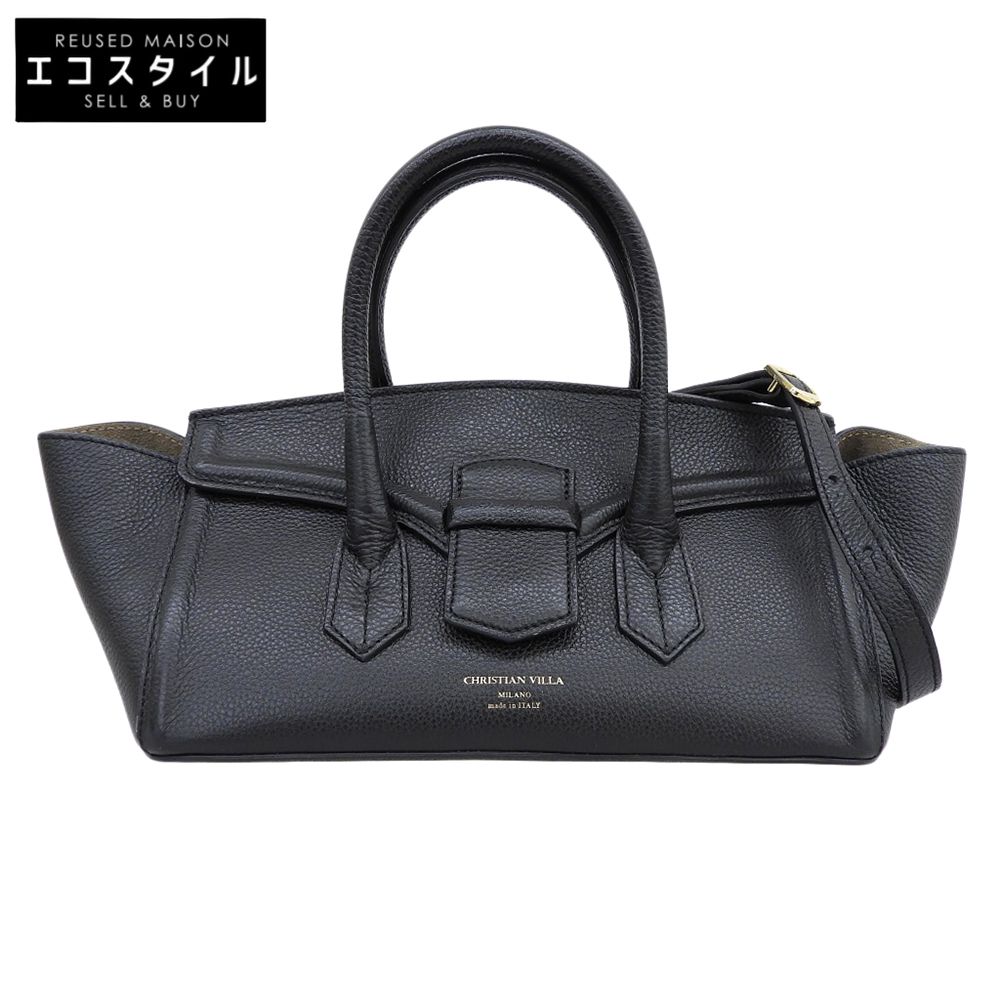 CHRISTIAN VILLA　クリスチャンヴィラ　美品 レザー 2WAY ワイドハンドバッグ ショルダーバッグ レディース ブラック