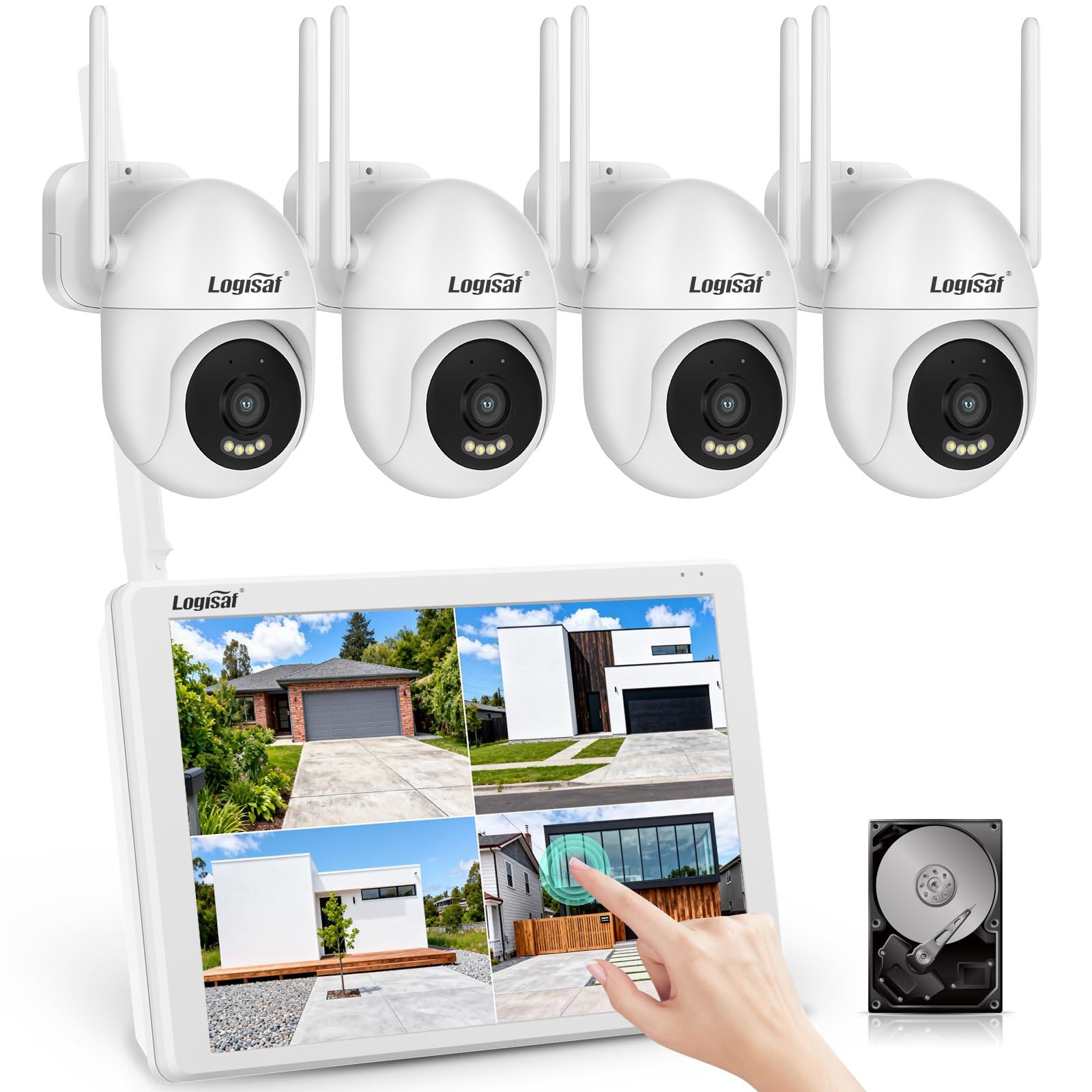 N◆【タッチパネル式・ 360°撮影】Logisaf 防犯カメラ 屋外 モニター付き 800万画素対応 4台セット 人体検知 自動追尾 wifi不要 HDD内蔵 動体検知 24時間録画機能付き スマホ無料アプリで遠隔操作 双方向通話 警報プッ f25689e4