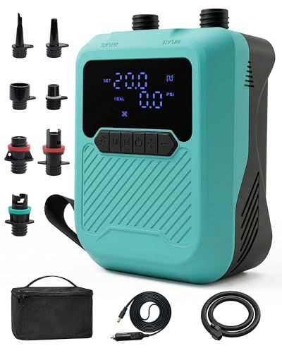 N◆Estgora SUPポンプ 電動空気入れ 20PSI エアーポンプ 12V車用 360L/minまで二段階給排気 プリセット設定可 オートオフ機能搭載 LCD数値表示 7種類ノズル付き スタンドアップパドルボード/カヤック/エアーテント 613cadab