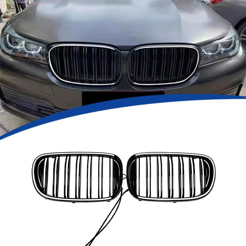 BMW 7シリーズ G11 G12 2015-2018年対応 フロントグリル 発光ダブルラインデザイン ピアノブラック ABS製 交換取付式 外装アクセントパーツ