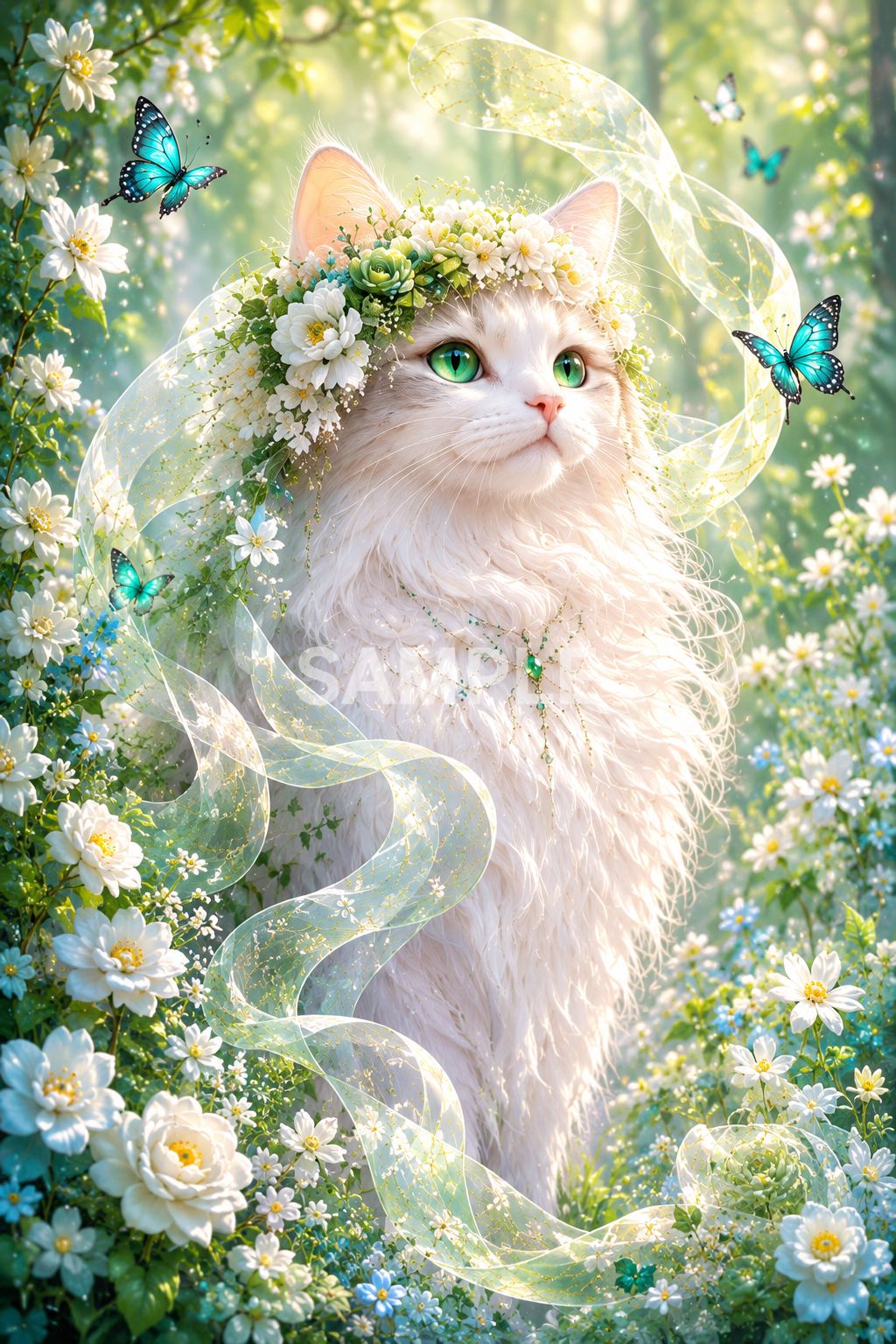 721 幻想的 白猫アート ポスター風 フラワーキャット 森の妖精 猫