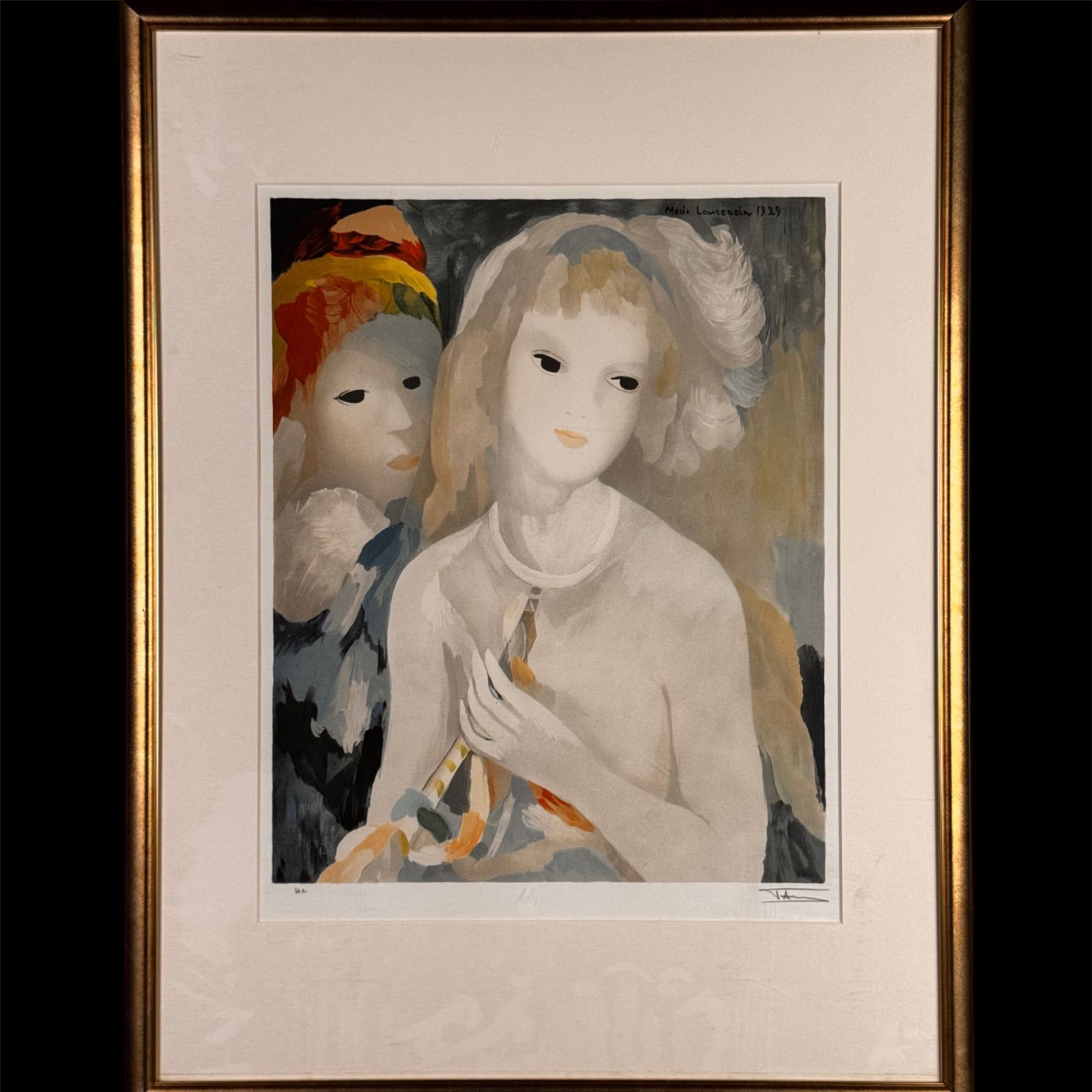 Marie Laurencin マリー・ローランサン 「笛を持つ少女」リトグラフ 10号 HC版 直筆サイン 人物画 額装
