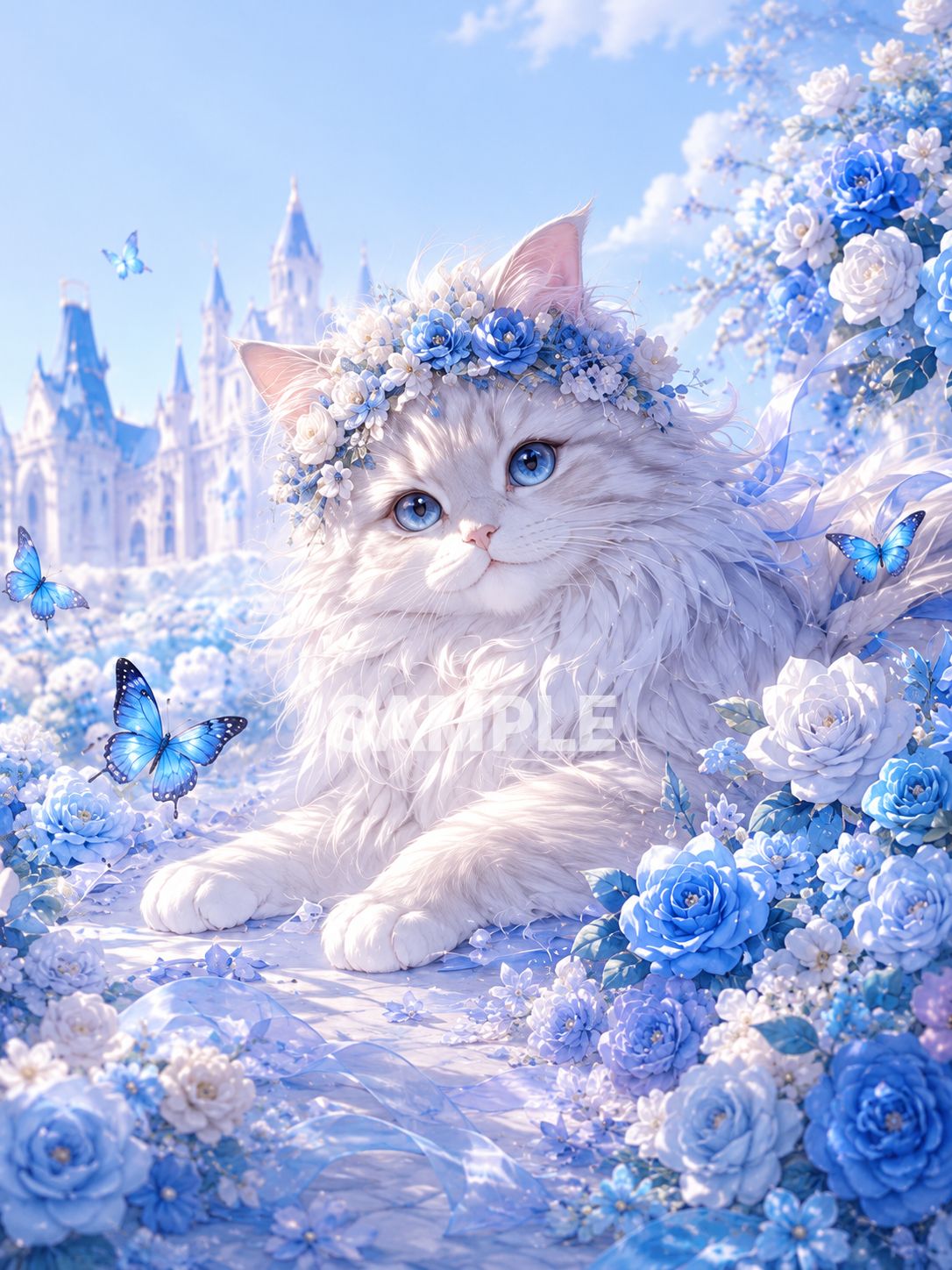 722 幻想的♡ 白猫と青い花冠のファンタジーアート ポスター風