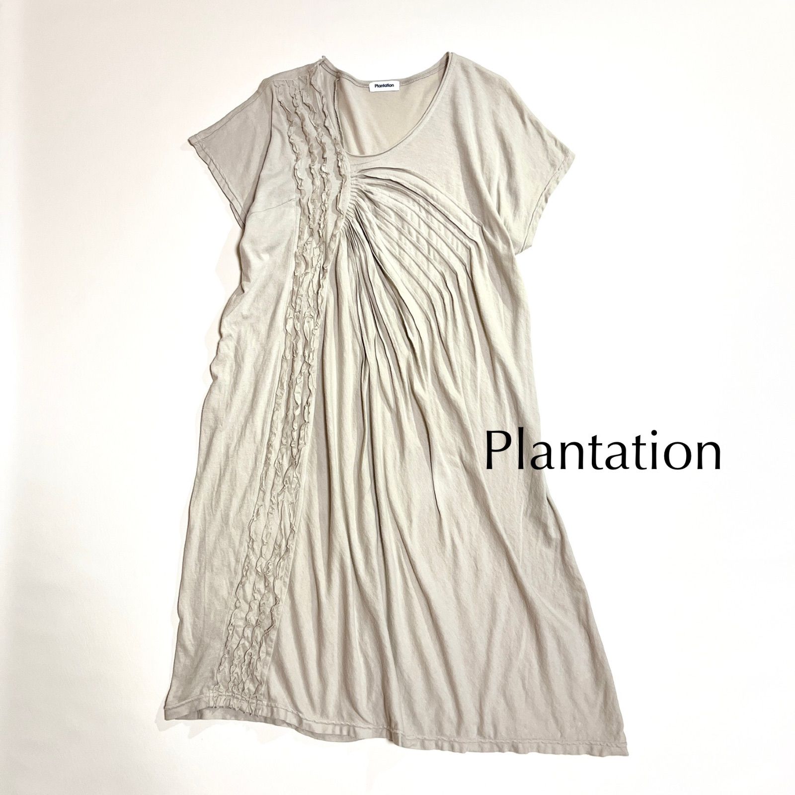 kS50 Plantation アシンメトリー クルーネック カットソー 薄手 タック 