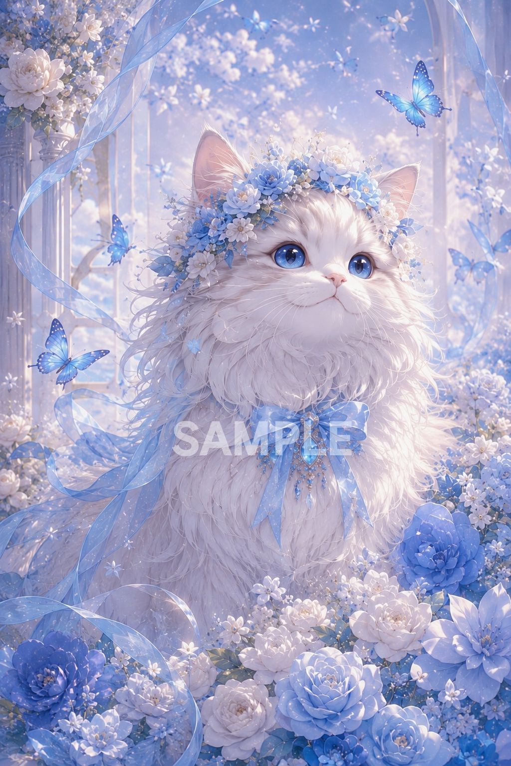 723 幻想的 白猫アート ポスター風 ブルーローズと蝶 ファンタジー 猫
