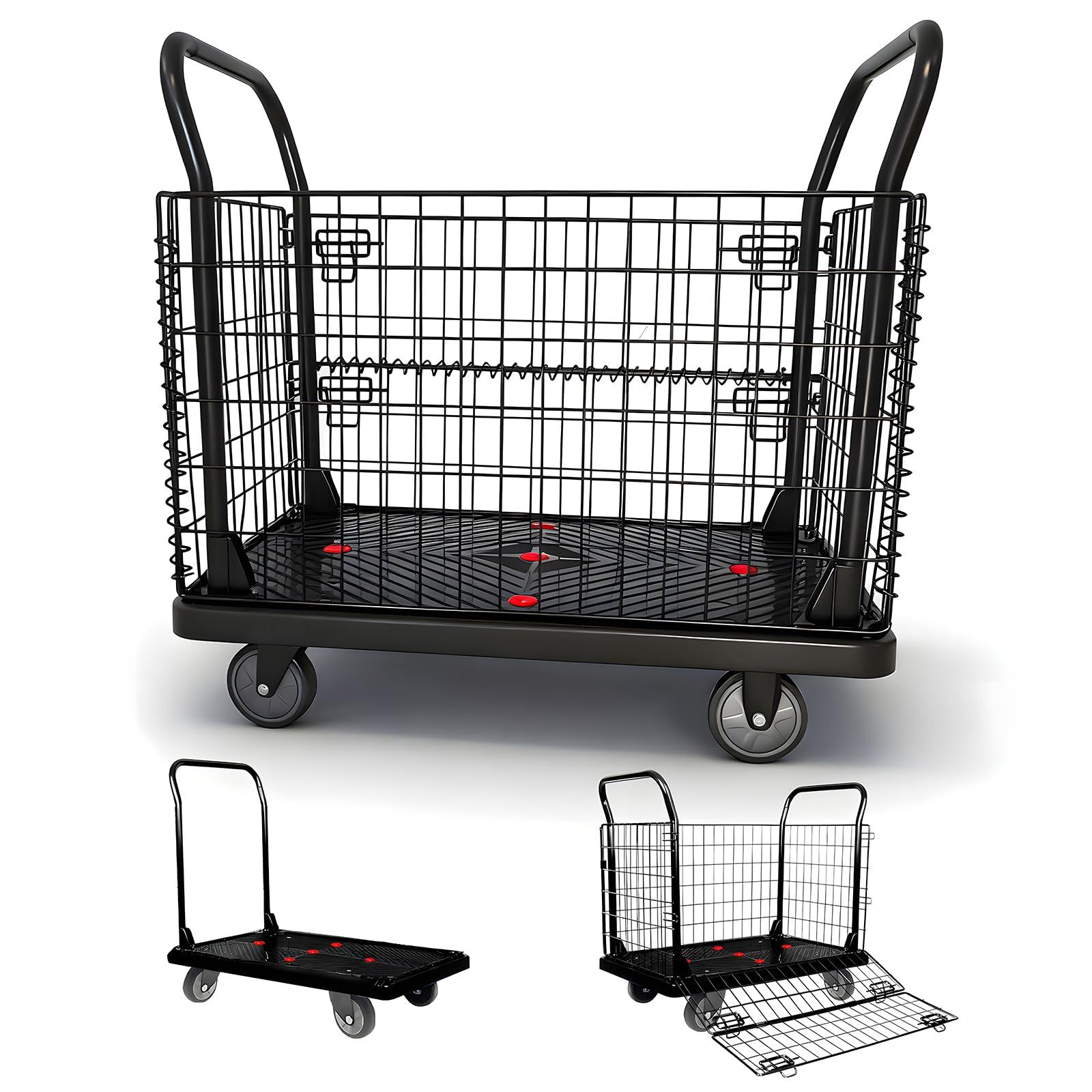 特価商品　(90cmx60cmx82cm 飲食店や図書館などに適応 ショッピングモール用 倉庫や物流センター用 簡単組み立て ブラック) 静音設計 耐荷重300kg 運搬車 金網付き カゴ台車