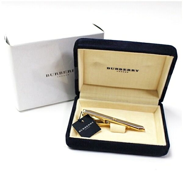 バーバリー ネクタイピン 未使用 ゴールド シルバー 中古 Sランク BURBERRY メンズ 男性 ビジネス スーツ小物 クリップ式 ケース・箱付き