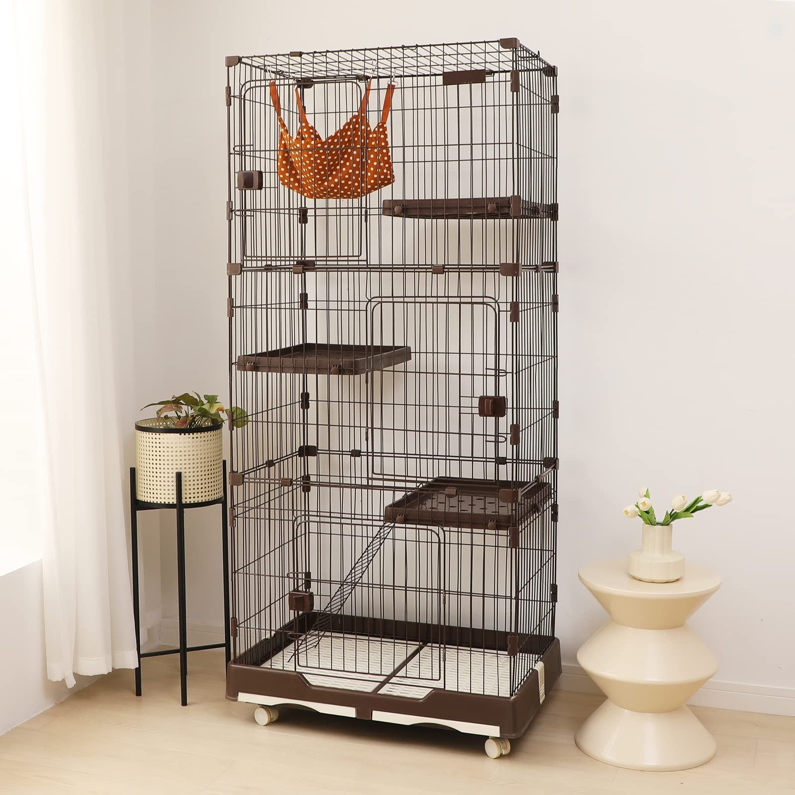 PETTOM 猫ケージ キャットケージ 幅82cm 2/3段 ペット 猫 キャットゲージ キャット タワー 収納 キャスター 付 脱走防止扉 頑丈 檻 ねこ ネコケージ コンパクト ハンモック 多頭飼い (三段（82*57*179CM）)i