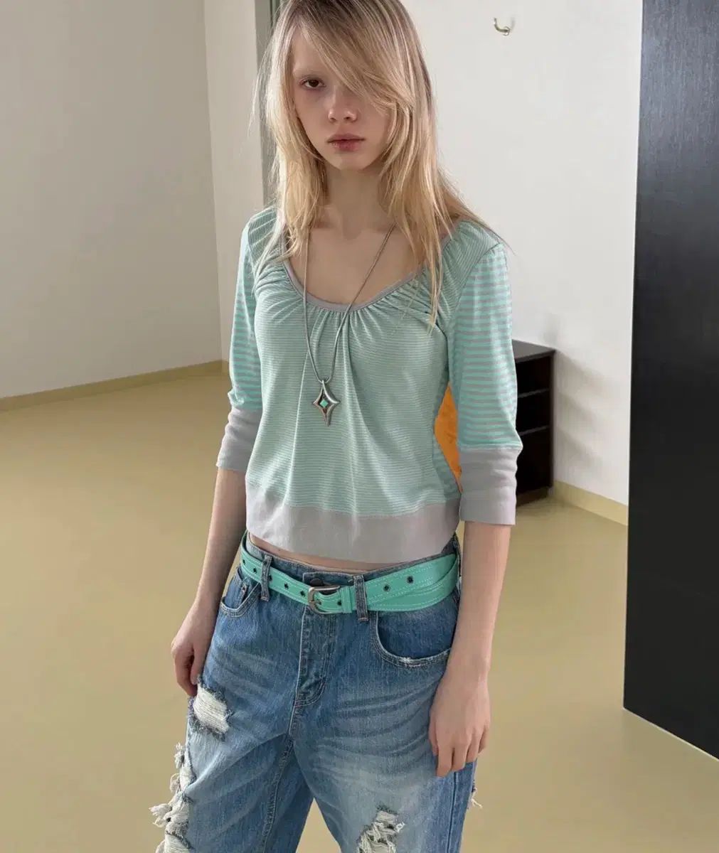 ヘレティック BUTTON STRIPE ASYM HENLEY T-SHIRT