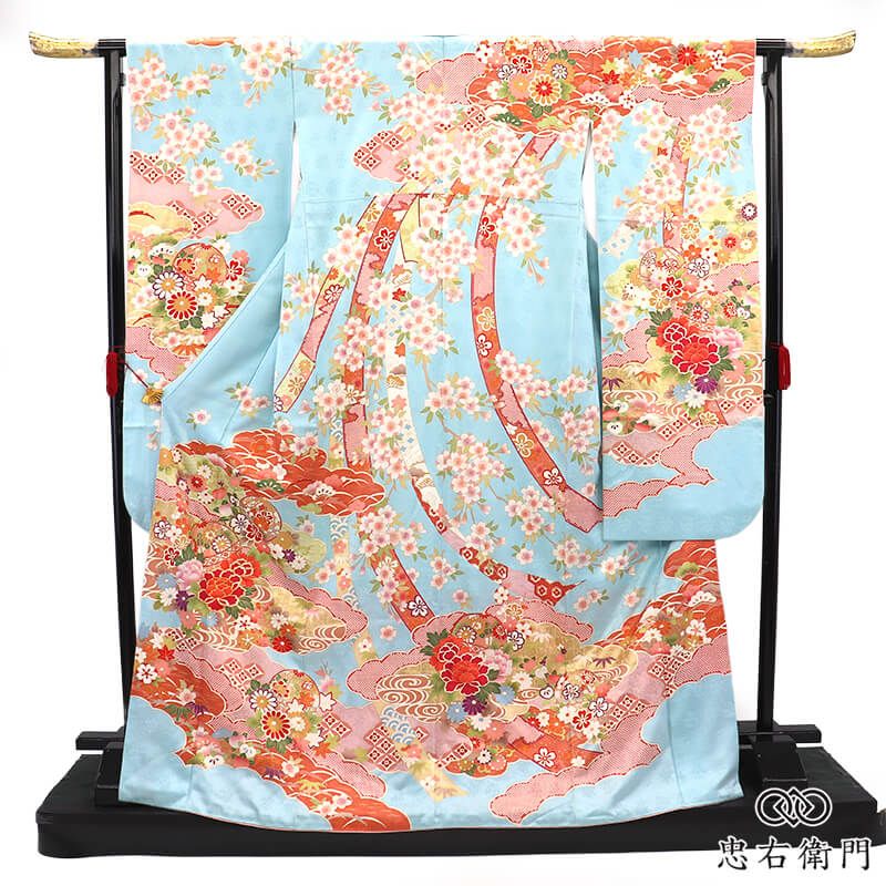 振袖 成人式 前撮り 正絹 単品 正絹 水色 牡丹 菊 伝統文様 古典柄 熨斗文 身丈179cm 裄丈69.5cm 晴れ着 結婚式 トールサイズ レディース 女性用 即日発送 送料無料 即日発送