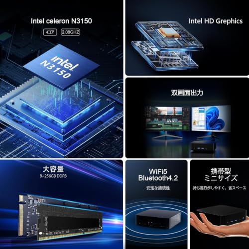 【N3150搭載】8GB/256GB ミニPC 静音 小型PC✨ ミニPC N3150 miniPC 8GB+256GB 高速 4コア/4スレッド 最大2.08GHz