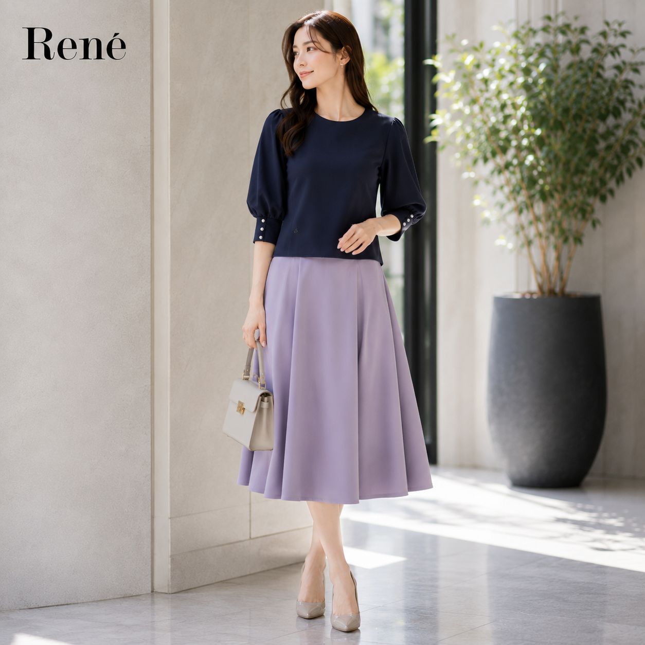 美品✨Rene ひざ丈スカート　ネイビー　パールボタン　36 23年商品【新品同様の美しさ】Rene / ルネ カットソー 36 ダーク