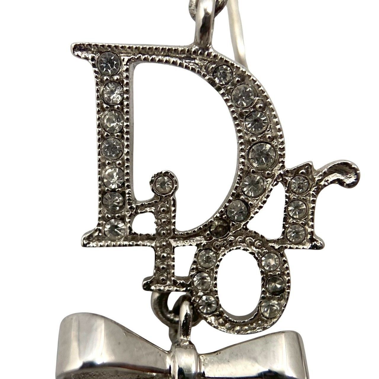 クリスチャンディオール　リボン付きシルバーピアス Dior】ロゴ リボン フェイクパール ピアス シルバーカラー ライン