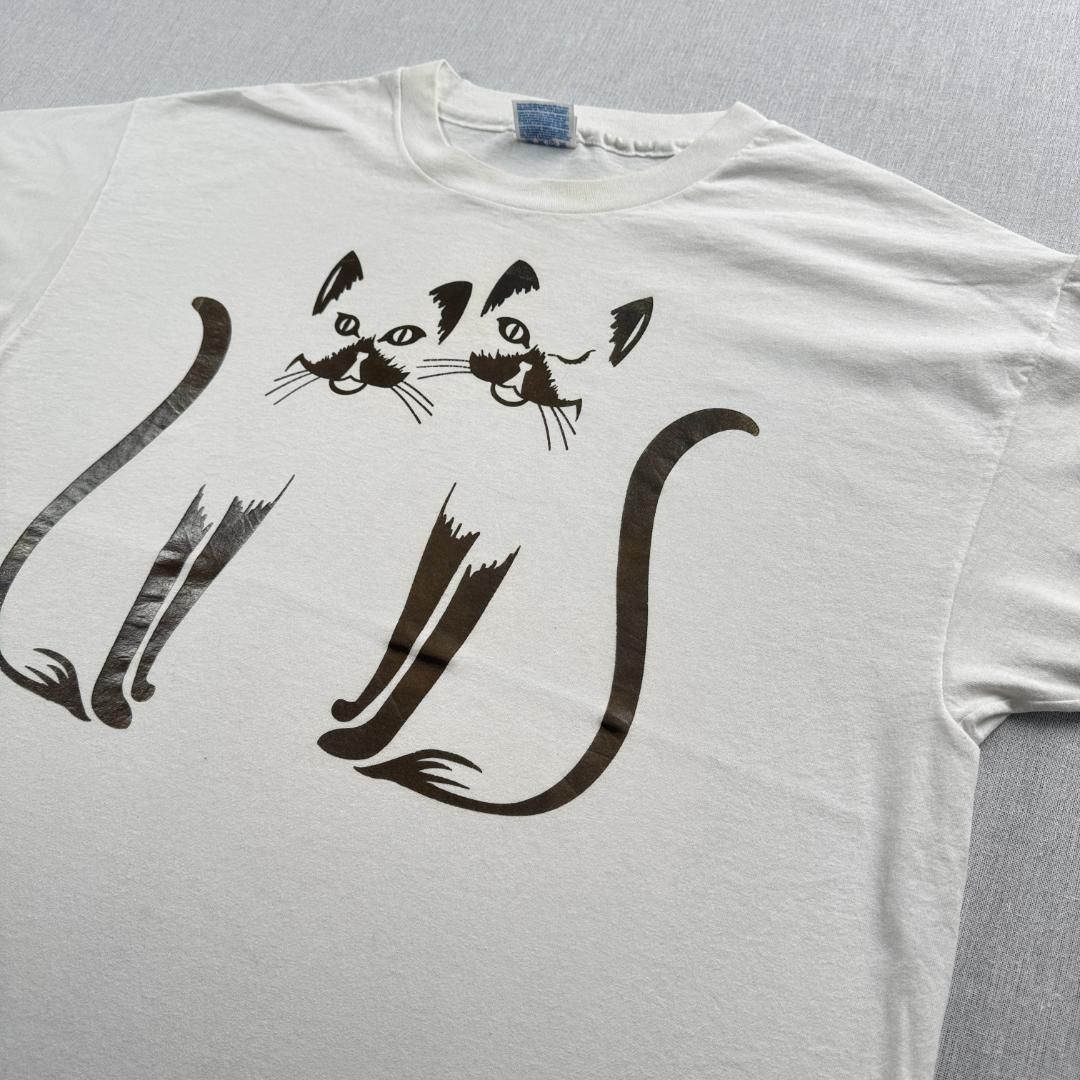 90s ビンテージ Tシャツ 猫 アニマル柄 白 アートT USA製 半袖 古着