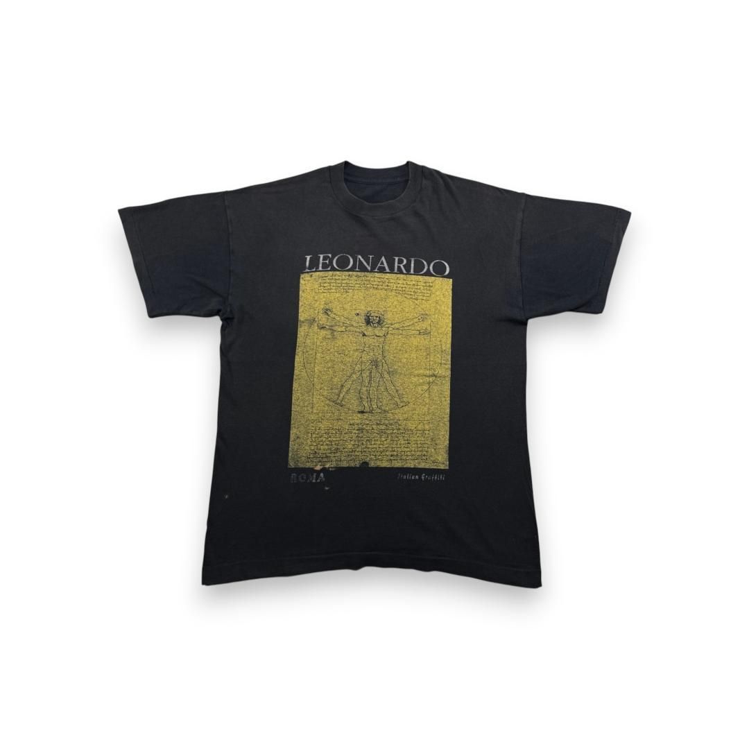 90s ビンテージ Tシャツ レオナルド ダヴィンチ アート ROMA 黒 シングルステッチ 古着 半袖 a-t-2505-004