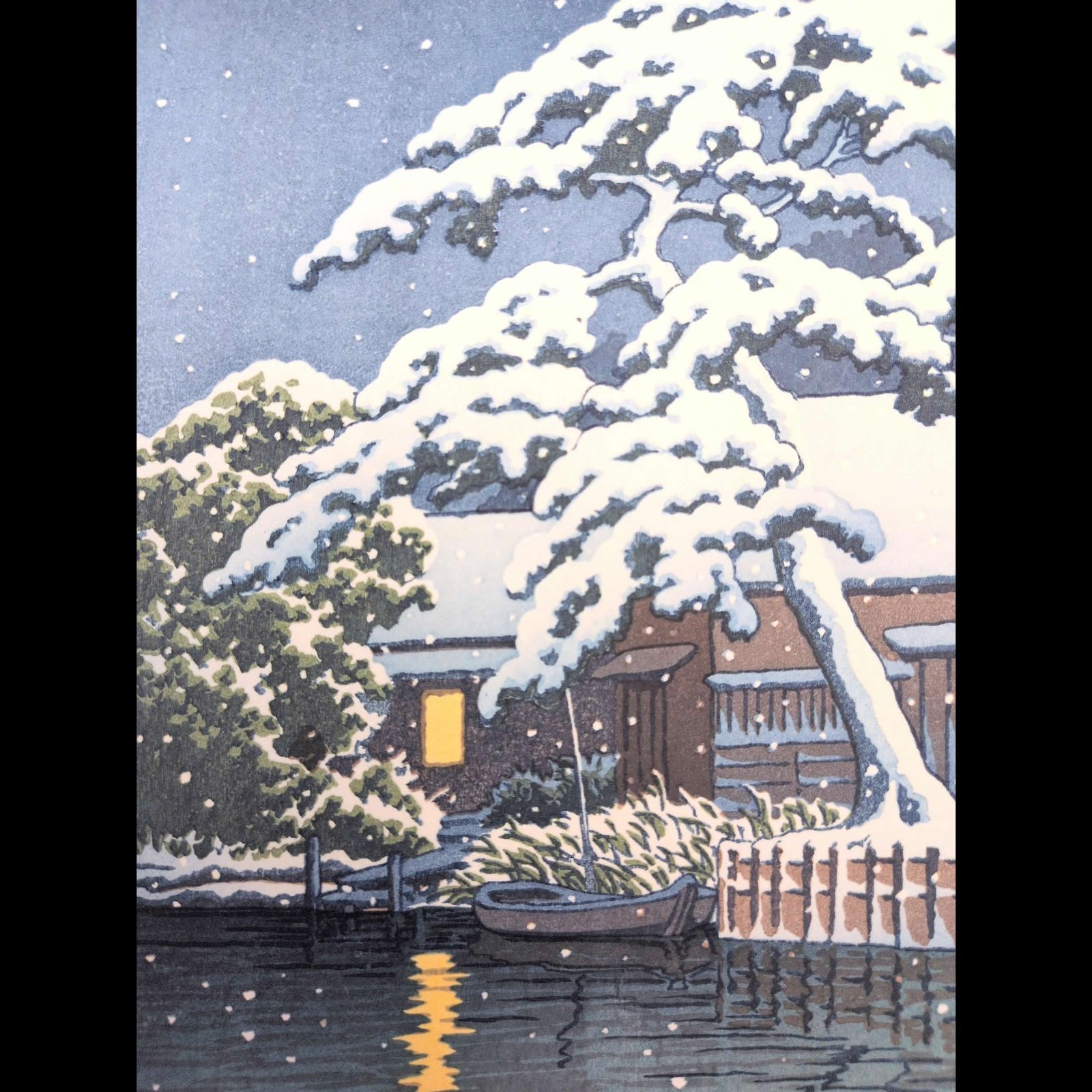 真作】後摺り木版画 川瀬巴水 1932年 「舟堀の雪」 後摺り木版画