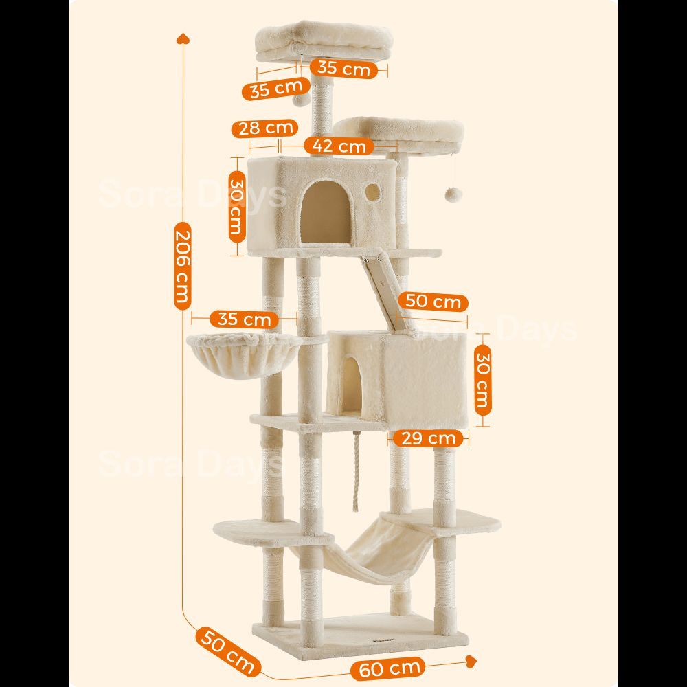キャットタワー ホワイト ピンク 多頭飼い 大型猫用 スリム 据え置き 安定感 高さ206cm 多段構造 ハンモック キャットハウス2個 展望台 爪とぎポール 吊りボール ロープ おしゃれ かわいい ナチュラル インテリア 北欧 モダン 転倒防止