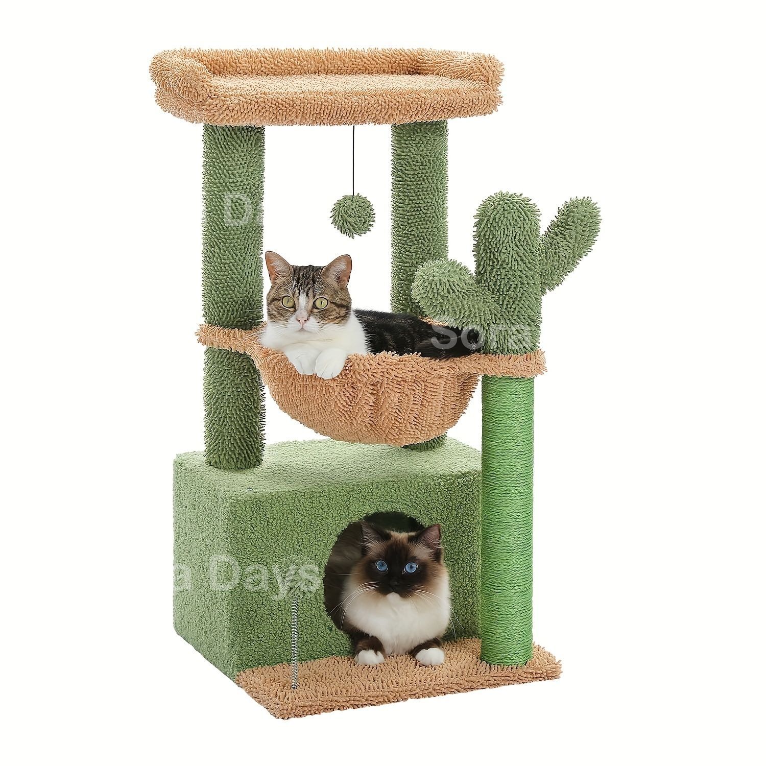 キャットタワー グリーン×ベージュ 4in1 多層 2段 80cm 緑色 かわいい おしゃれ ナチュラル モダン インテリア 北欧 ハンモック ボックス型ハウス 支柱 爪とぎポール 吊りボール 据え置き 大型猫対応