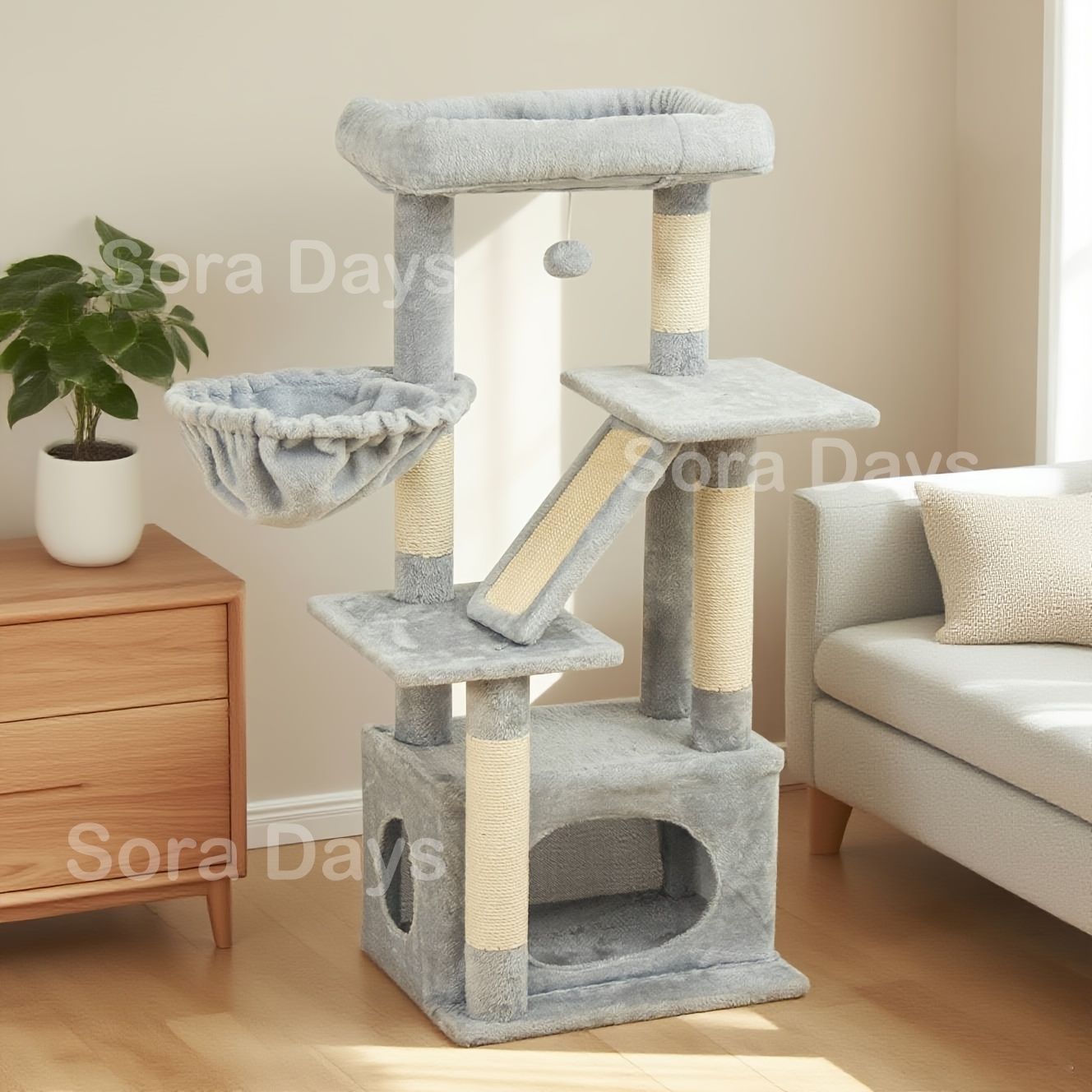 キャットタワー ベージュ 猫タワー 多段構造 ハンモック つり下げボール 爪とぎポール 麻巻き スロープ コンパクト おしゃれ かわいい シンプル モダン インテリア 北欧 スタイリッシュ 簡単組み立て パーティクルボード 14,850円