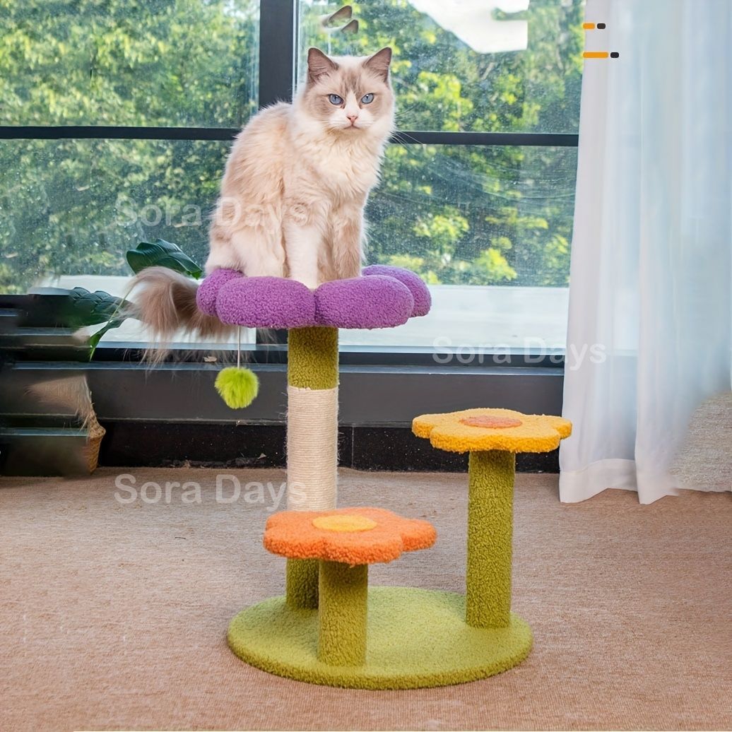 キャットタワー マルチカラー 3段 花形 フラワー 円形土台 1pc かわいい おしゃれ ナチュラル インテリア 北欧 モダン 爪とぎポール 麻紐 サイザル麻 スクラッチポスト 猫用 爪研ぎ おもちゃ