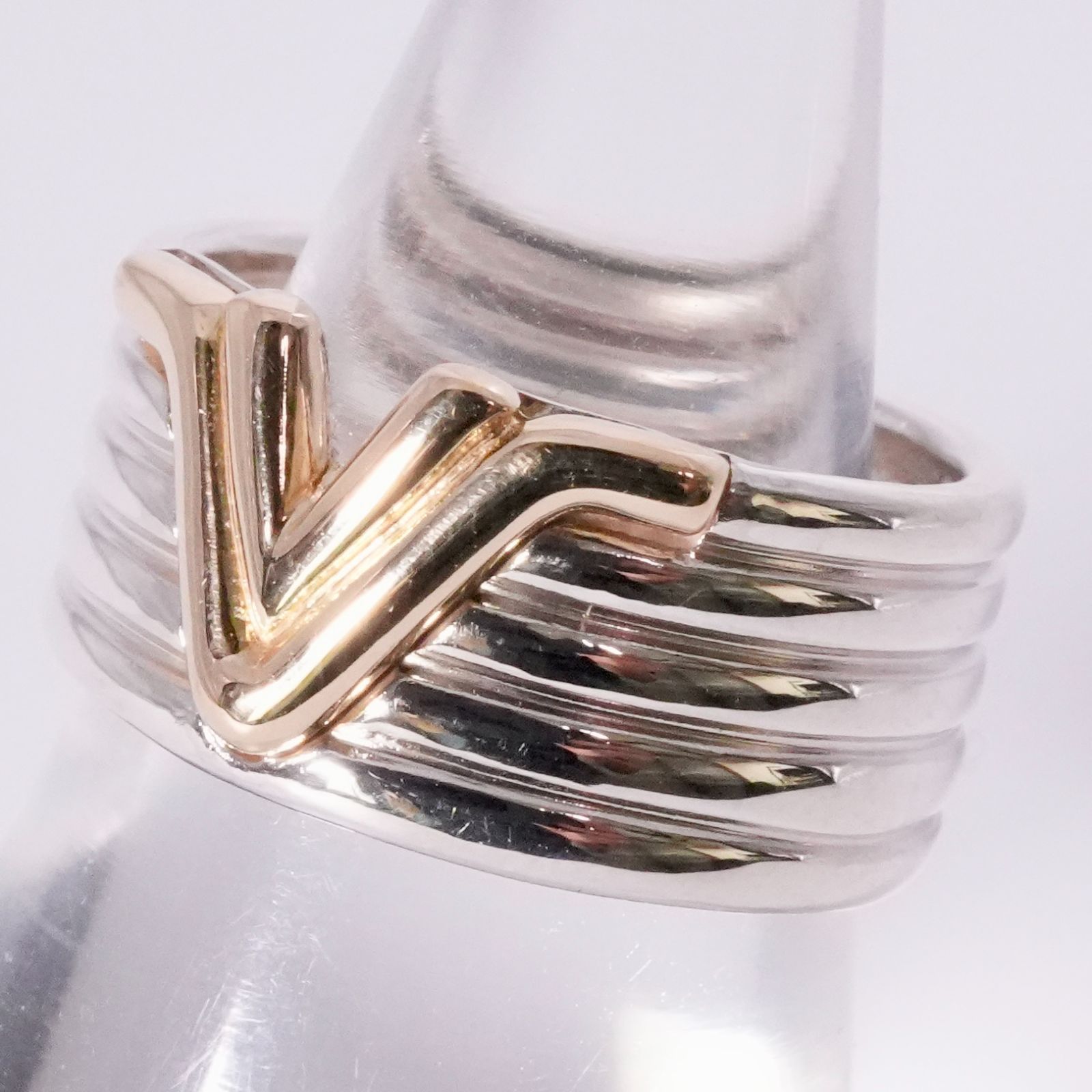 極美品9号 K18 シルバー Vモチーフ コンビ リング/25-1464S