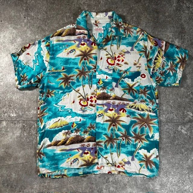 60's unknow アロハシャツ 日本製 VINTAGE 半袖シャツ ヴィンテージ ブルー ヤシの木 レーヨンシャツ