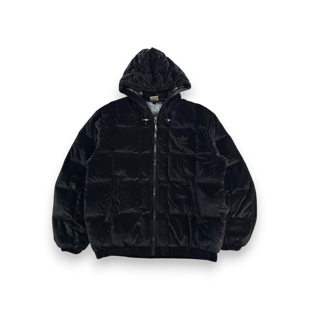 90s adidas アディダス ベロア ダウンジャケット ブラック 銀タグ ビンテージ L ja-2603-020