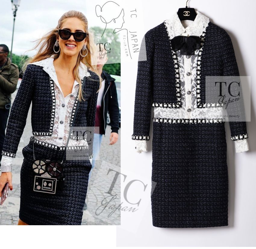 シャネル ワンピース CHANEL ダーク ネイビー アイボリー ファンタジー ランウェイ登場 カール・ラガーフェルド 169万 貴重 超美品 34 36